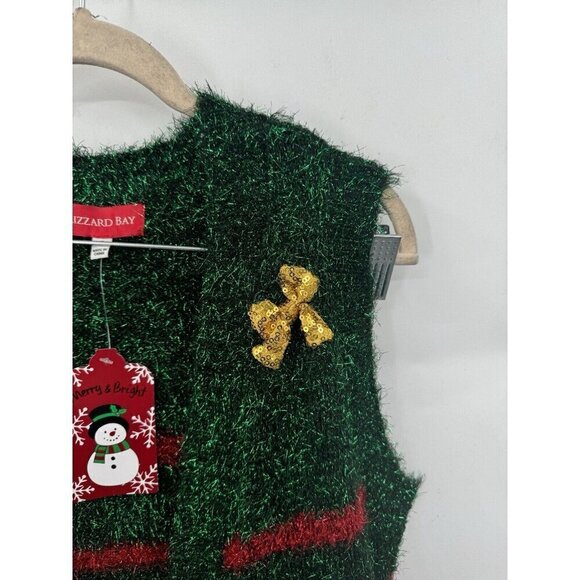 Blizzard Bay Christmas Sweater Women Small Green Holiday Sequin Bow Eyelash Knit - Picture 9 of 10